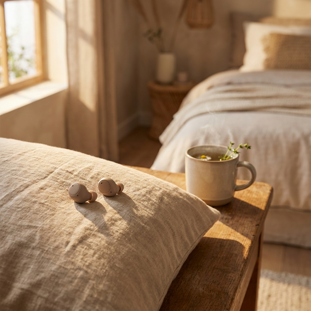 Restoryhq Side-Sleeper Sleep Earbuds resting in a soft linen pillowcase next to chamomile tea, golden hour light