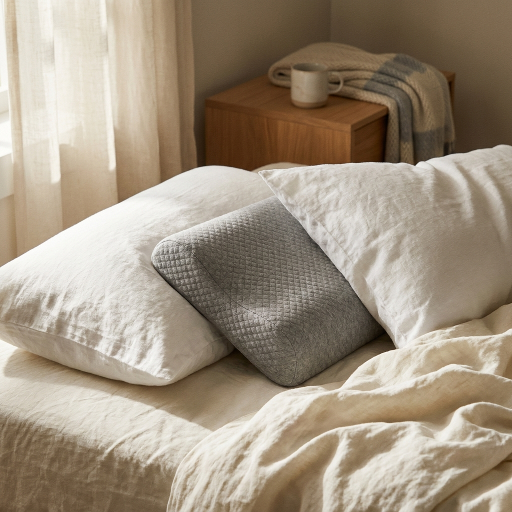 Restoryhq Side-Sleeper Alignment Pillow on cream linen sheets in soft morning light