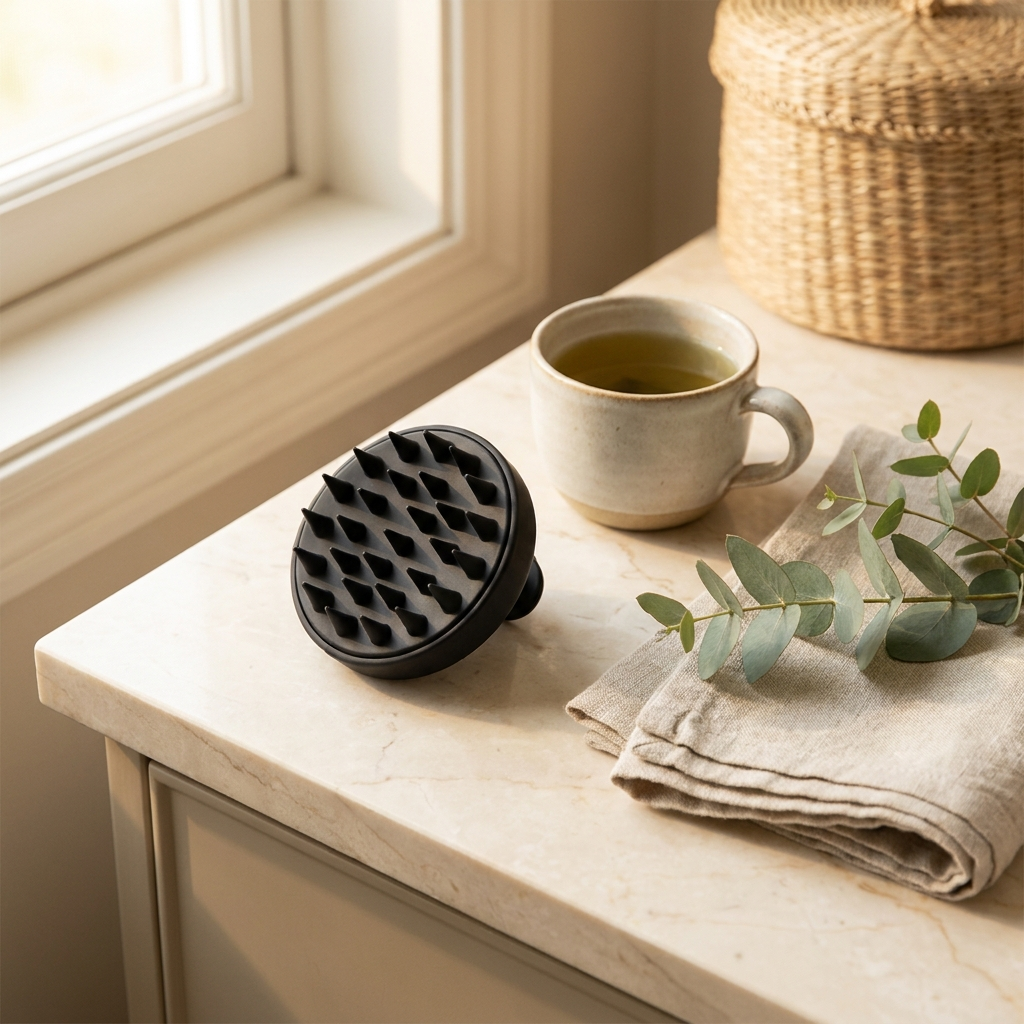 Restoryhq Recovery Scalp Massager on cream marble counter with green tea and eucalyptus