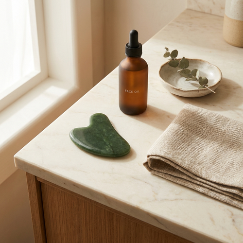 Restoryhq Jade Gua Sha on cream marble counter with amber-glass face oil and linen washcloth