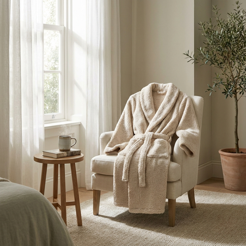 Restoryhq Plush Sherpa Robe draped on a cream linen armchair next to a window with morning light, coffee and book