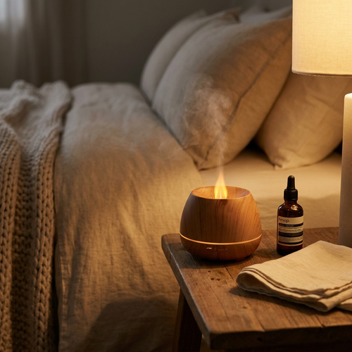 Restoryhq Quiet Glow Aromatherapy Diffuser on a wooden bedside table with lavender essential oil, evening lamplight