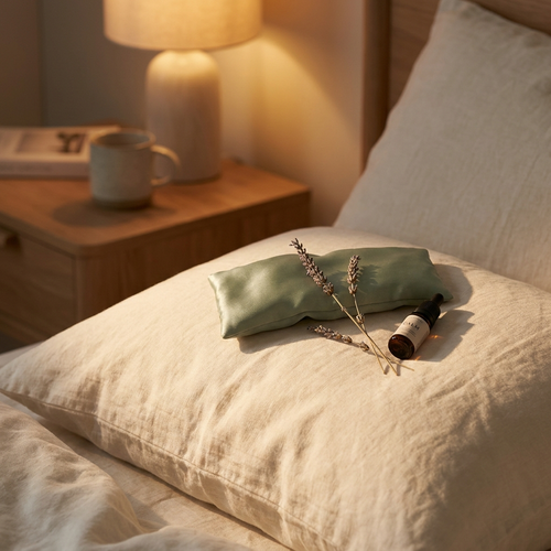 Restoryhq Lavender Eye Pillow in sage on cream linen pillow with dried lavender and amber glass bottle