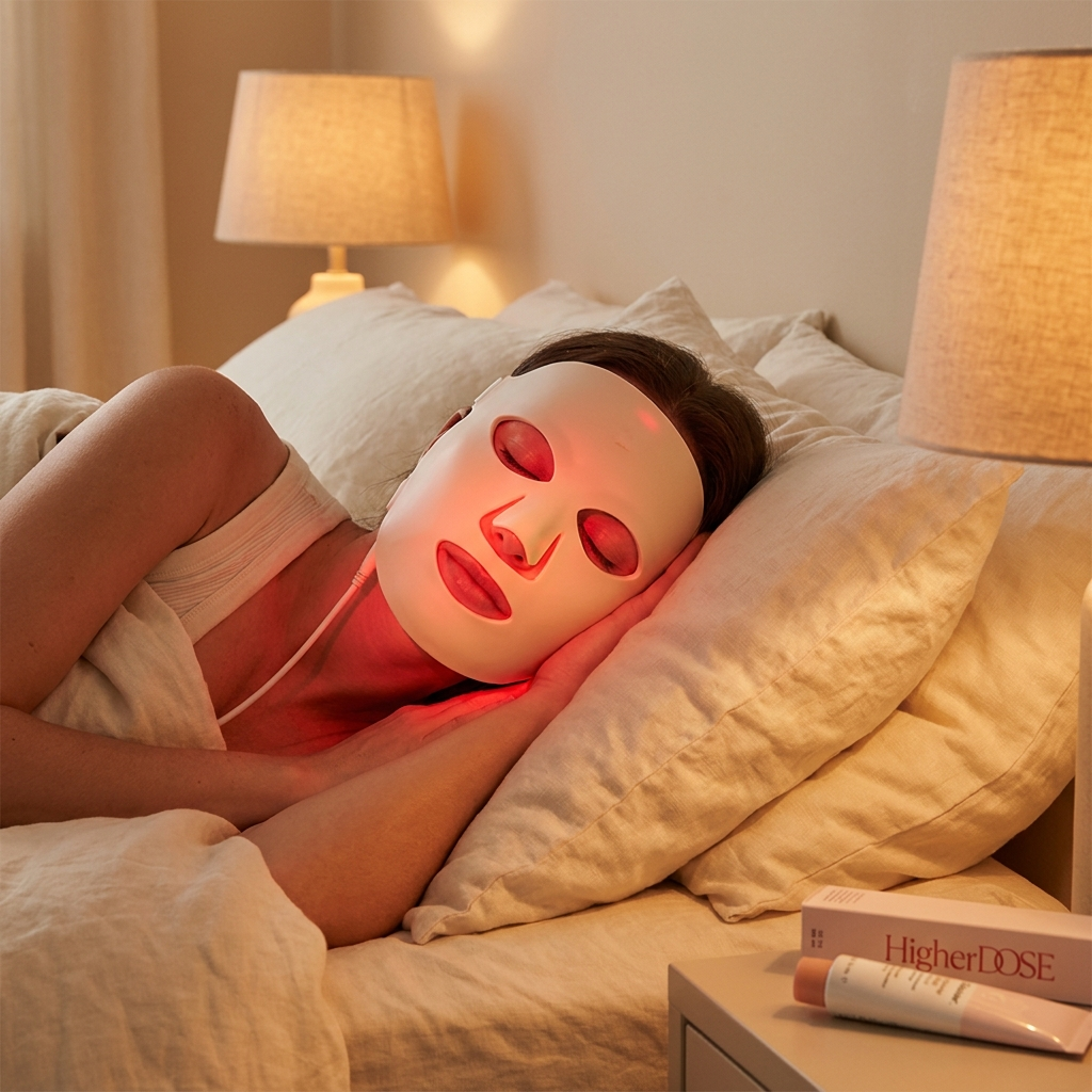 Restoryhq Red Light Glow Mask in use — woman wearing it with soft red glow on her face