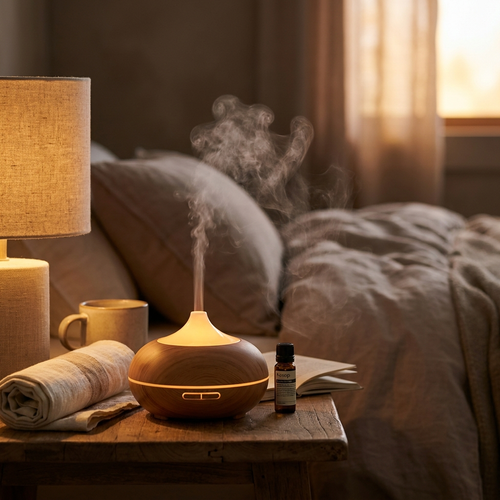 Restoryhq Quiet Glow Aromatherapy Diffuser — close-up macro of soft mist and warm amber glow
